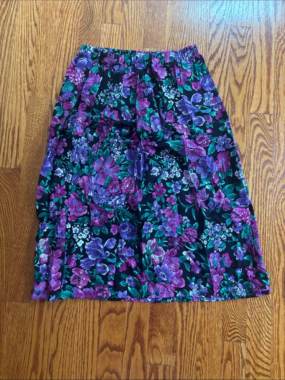 Floral Midi Skirt - Black with Purple, Pink & Green Floral Print